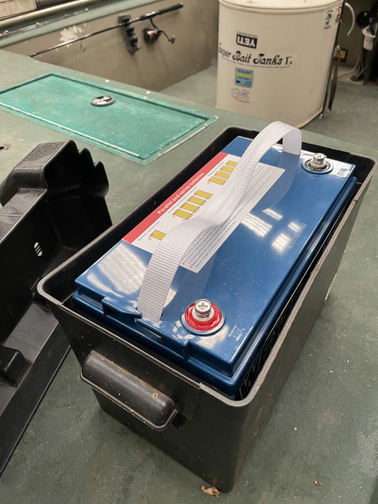 LiFePO4 battery installed in a Group 31 marine battery box