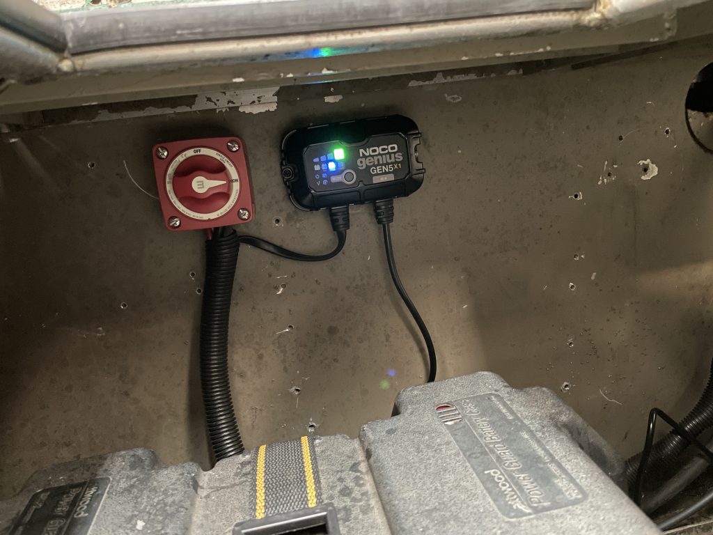 NOCO lithium-compatible onboard charger installed below deck